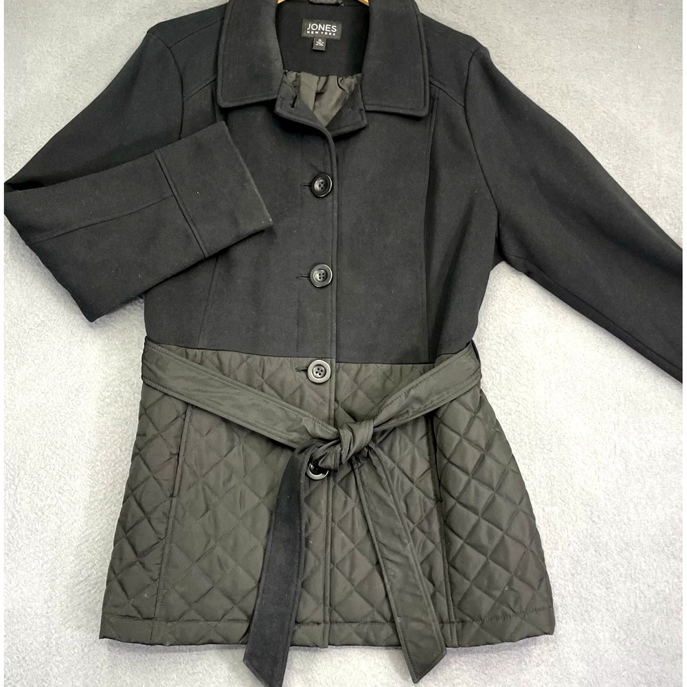 Jones‎ New York Pea Coat Trench Sz XL Mid-Length Coat Belted Button Up Quilted